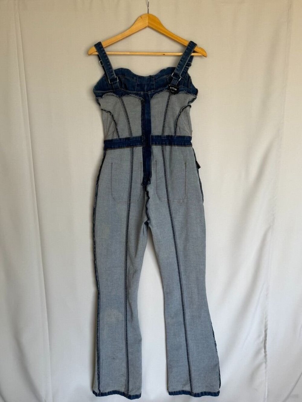Bebe Blue Stretch Denim Sweetheart Corset Strap Flare Leg Jumpsuit Size 12 Tall - Picture 10 of 14